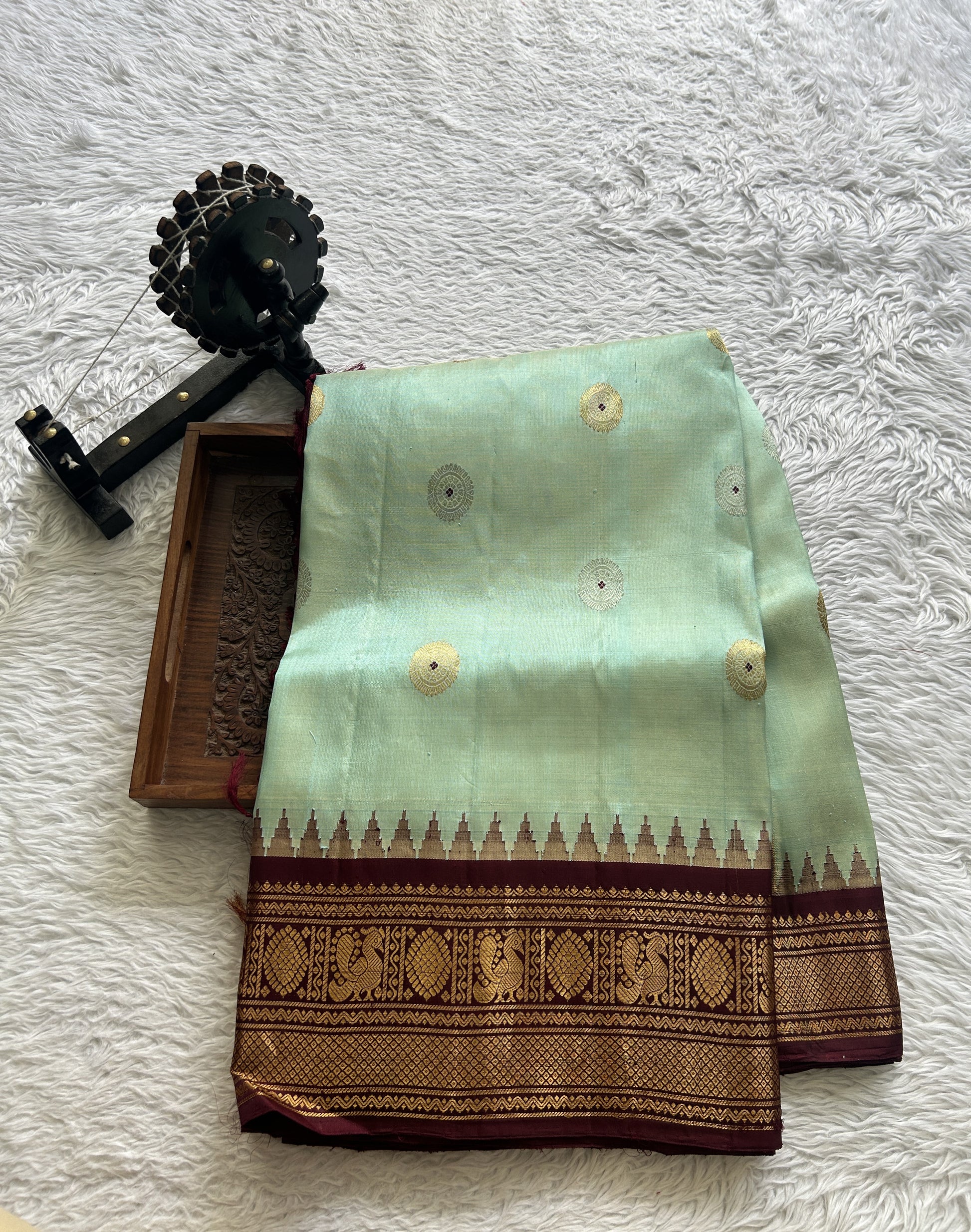 Gadwal Silk Saree Light Sea Blue Colored Complemented With a Brown Color Zari Border - Sampradaya Designer Studio