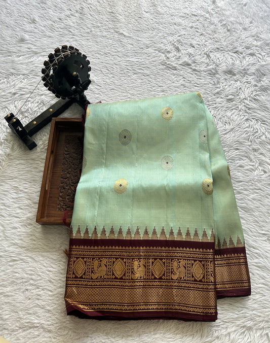 Gadwal Silk Saree Light Sea Blue Colored Complemented With a Brown Color Zari Border - Sampradaya Designer Studio