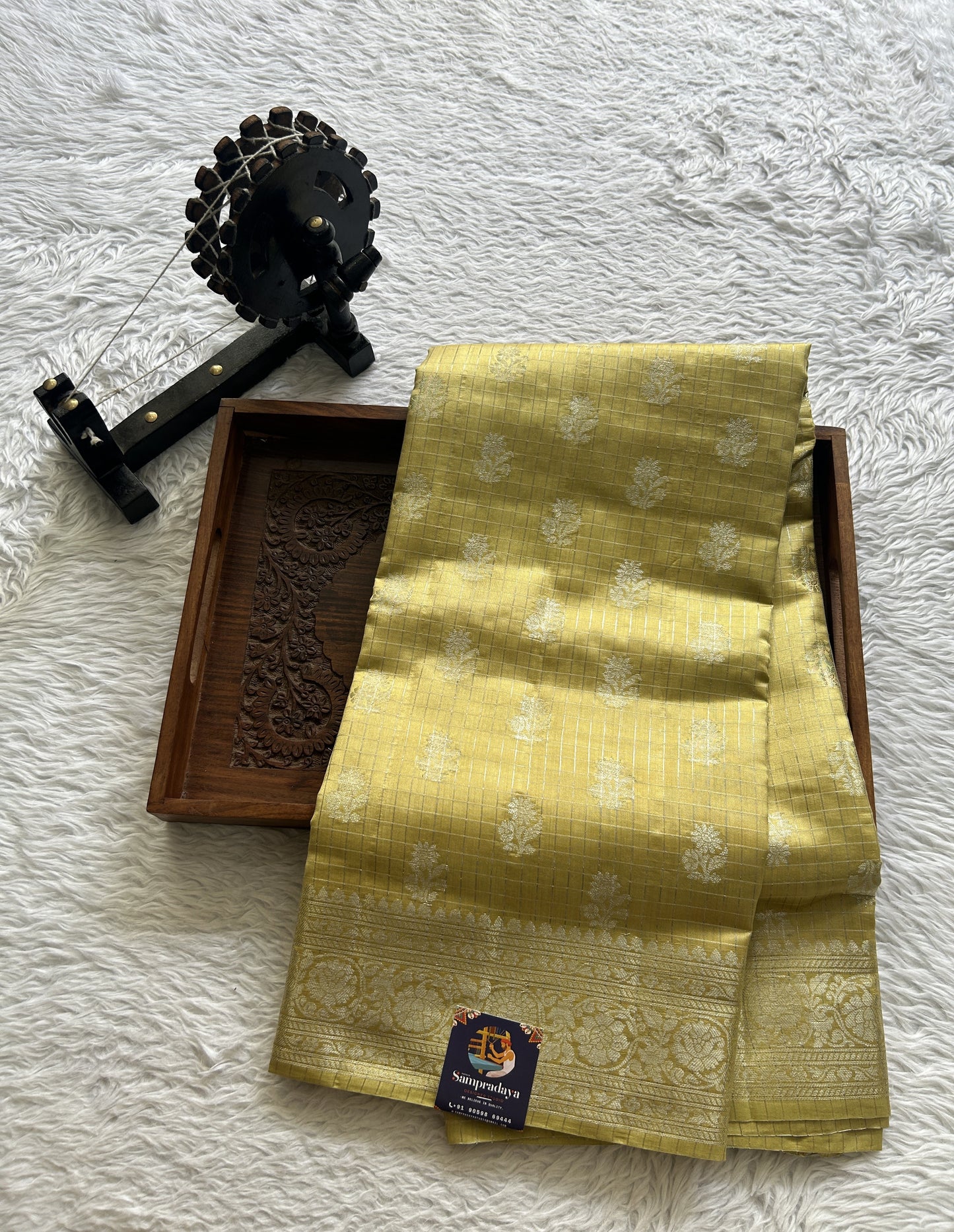 Dupion Silk Saree Lemon Yellow Colored Complemented with a Zari Border. - Sampradaya Designer Studio