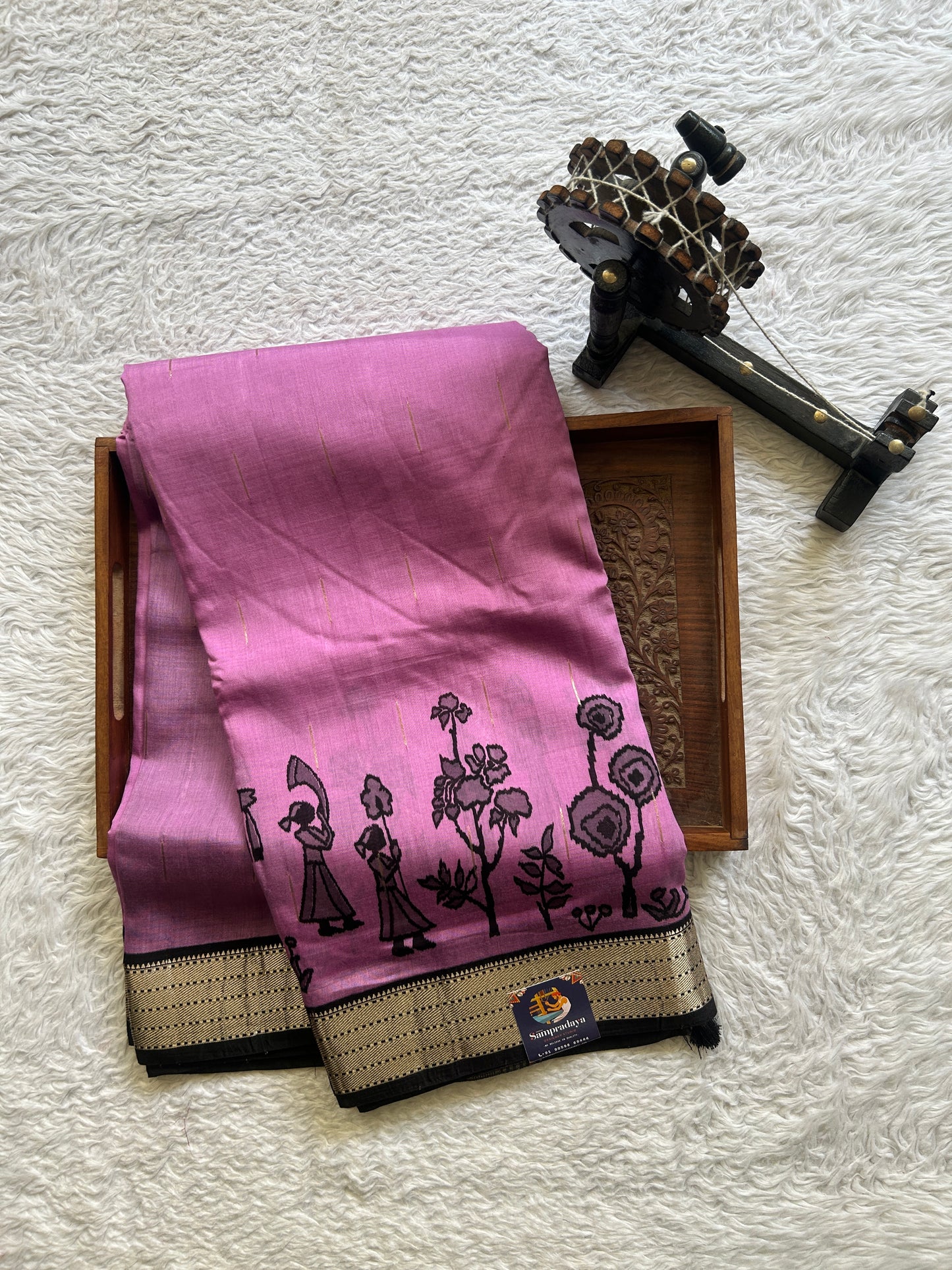 Dola Crepe Saree Dark Lavender Colored Elegantly Paired with a Zari Border. - Sampradaya Designer Studio