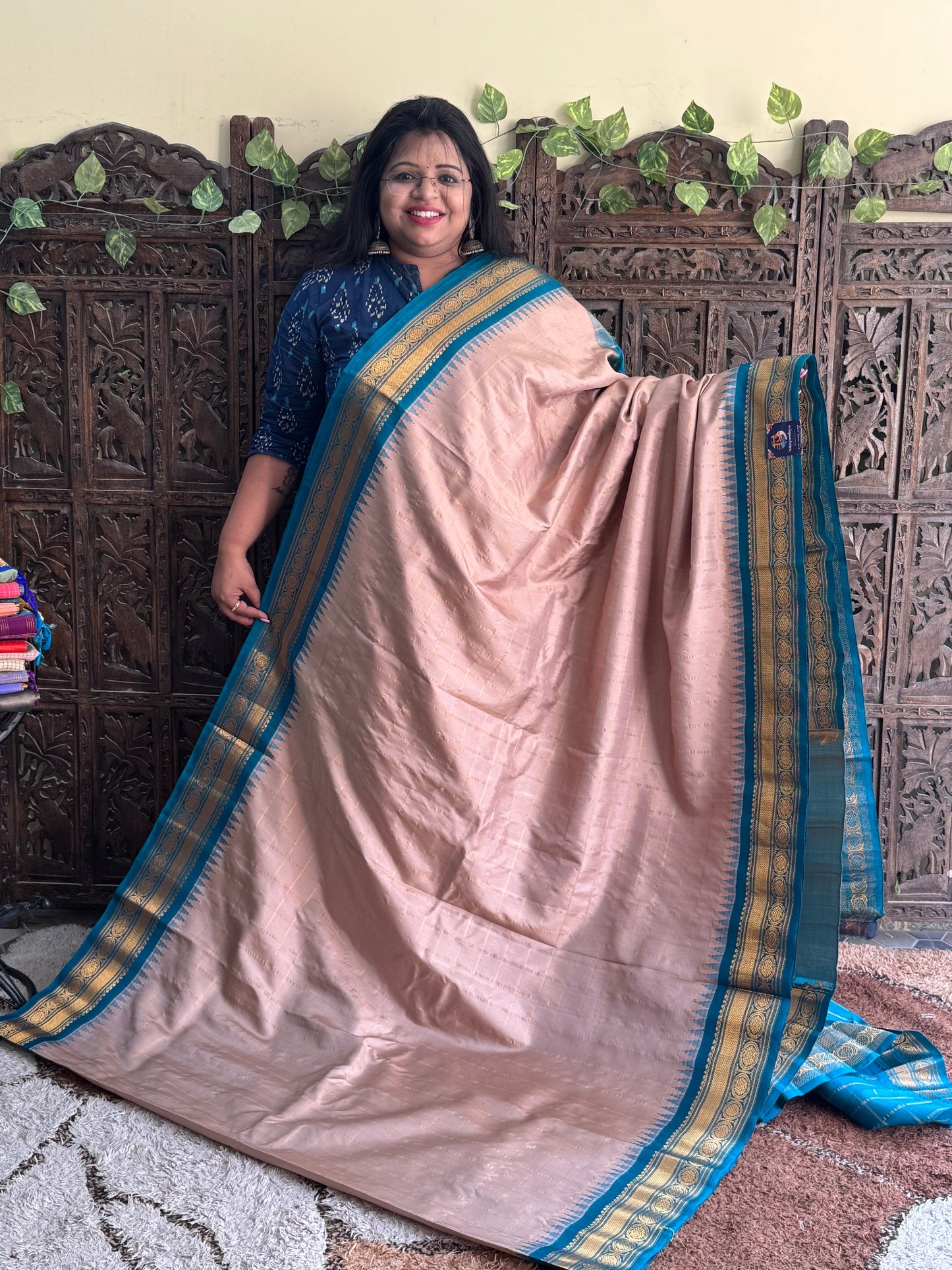 Beige Gadwal Silk Saree with Gold Zari Border — Pure Handloom | Silk Mark Certified