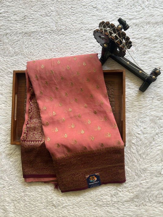 Semi Georgette Saree Dark Onion Pink Colored Elegantly Paired with a Zari Border. - Sampradaya Designer Studio