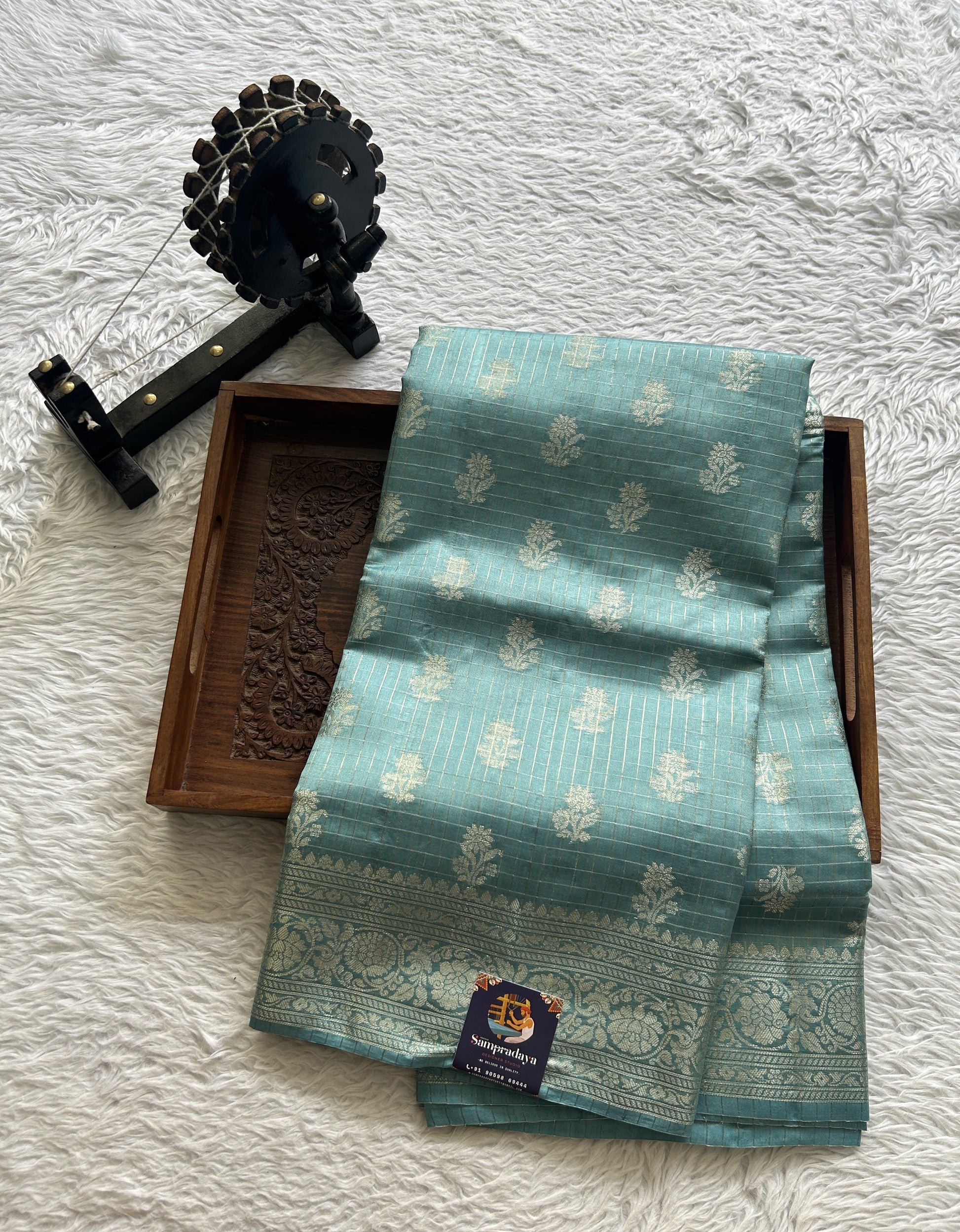 Dupion Silk Saree Sea Blue Colored Complemented with a Zari Border. - Sampradaya Designer Studio