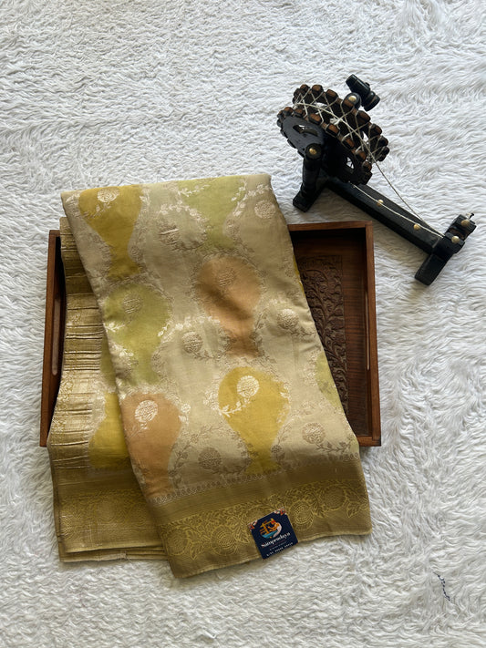 Semi Georgette Saree Beige Colored Elegantly Paired with a Gold Zari Border. - Sampradaya Designer Studio