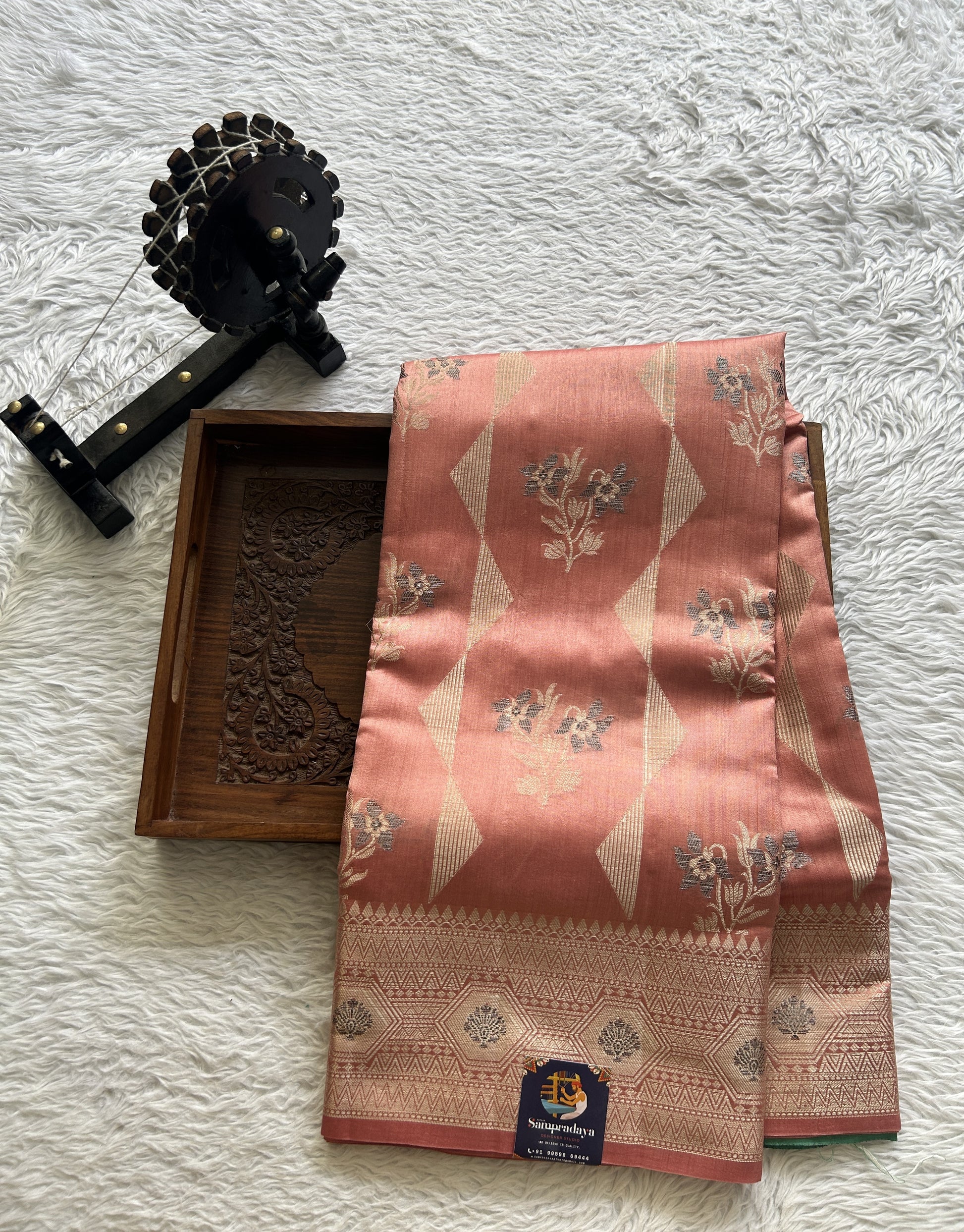Dupion Silk Saree Peach Colored Complemented with a Zari Border. - Sampradaya Designer Studio