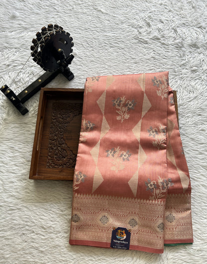 Dupion Silk Saree Peach Colored Complemented with a Zari Border. - Sampradaya Designer Studio