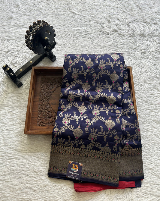 Dupion Silk Saree Ink Blue Colored Complemented with a Zari Border. - Sampradaya Designer Studio
