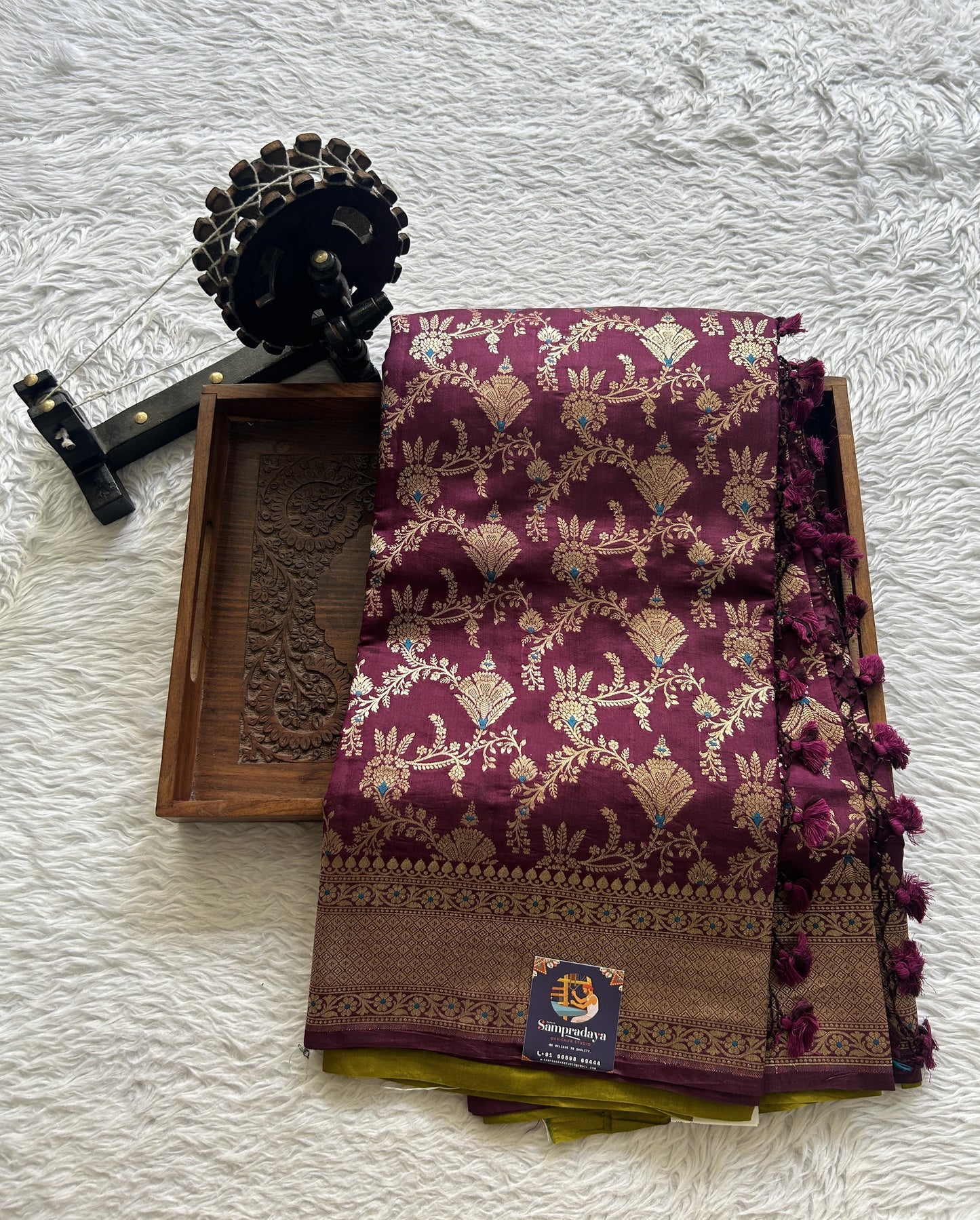 Dupion Silk Saree Wine Colored Complemented with a Zari Border. - Sampradaya Designer Studio
