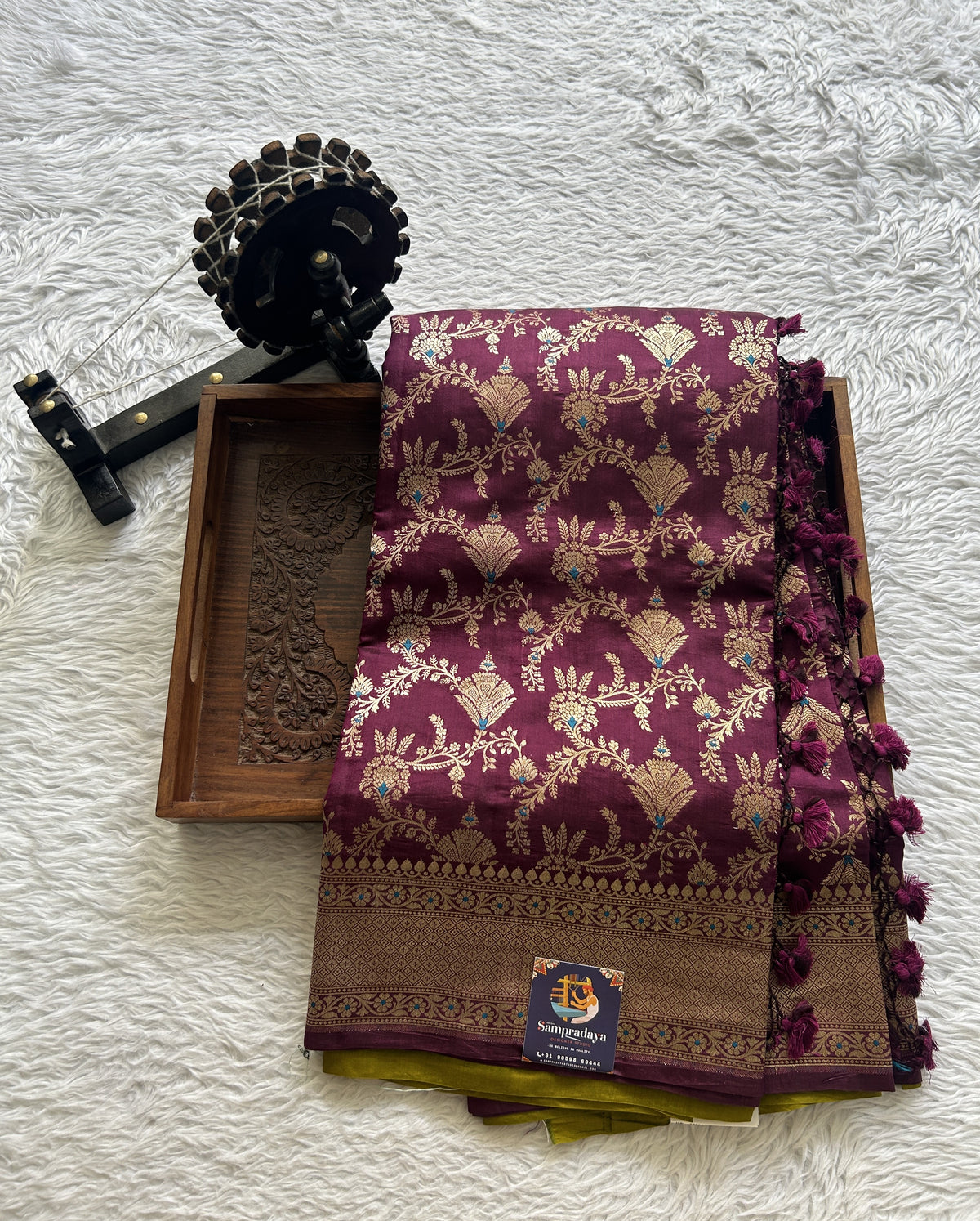 Dupion Silk Saree Wine Colored Complemented with a Zari Border. - Sampradaya Designer Studio