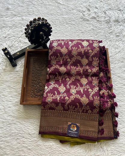 Dupion Silk Saree Wine Colored Complemented with a Zari Border. - Sampradaya Designer Studio