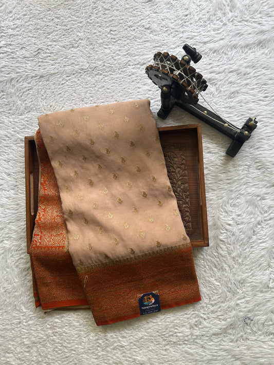 Semi Georgette Saree Beige Colored Elegantly Paired with a Zari Border. - Sampradaya Designer Studio
