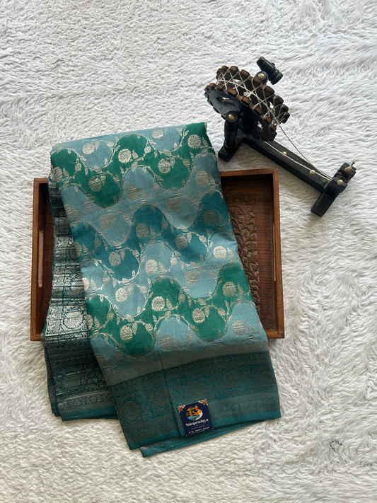 Semi Georgette Saree Acrylic Blue Colored Elegantly Paired with a Zari Border. - Sampradaya Designer Studio