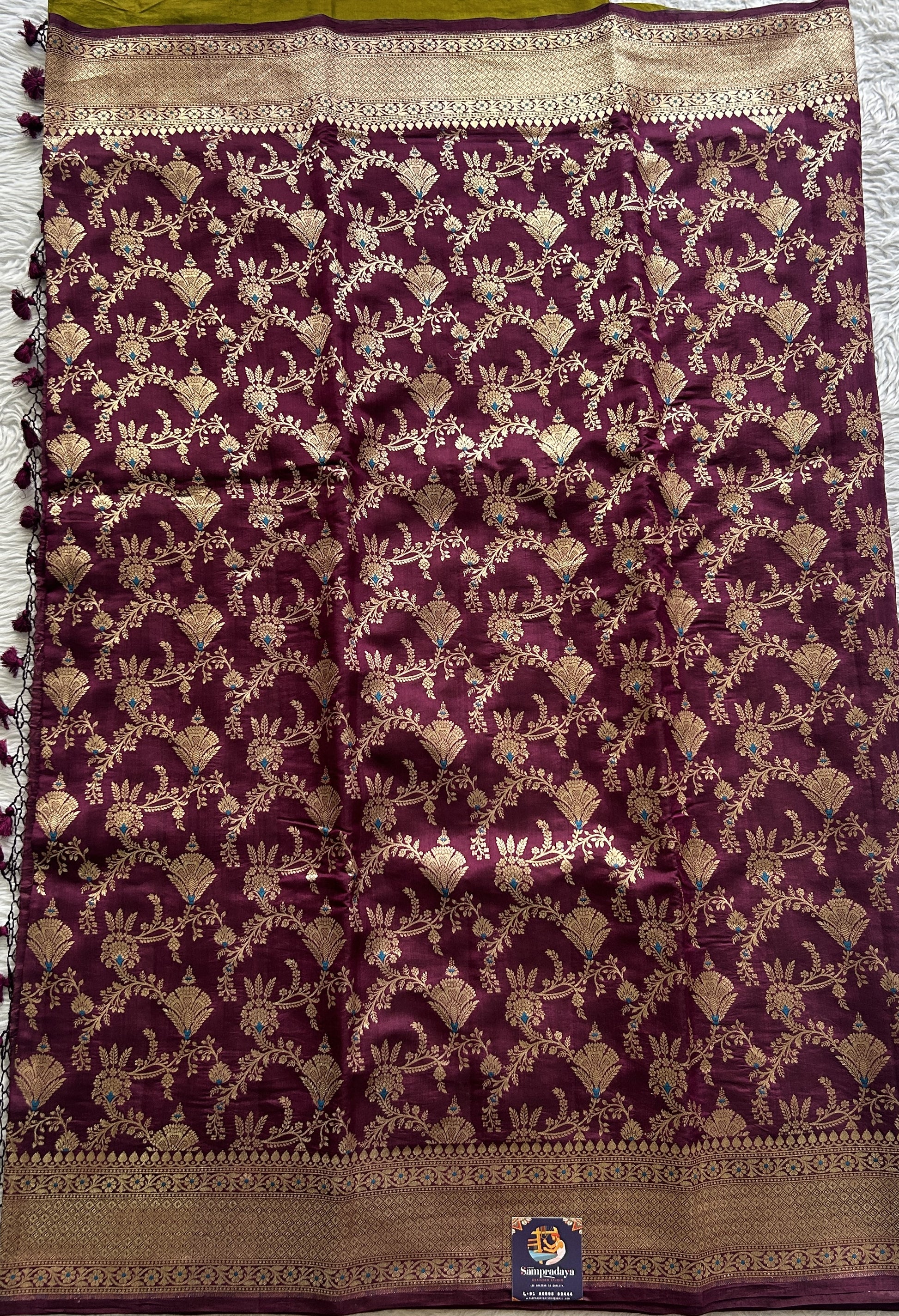 Dupion Silk Saree Wine Colored Complemented with a Zari Border. - Sampradaya Designer Studio