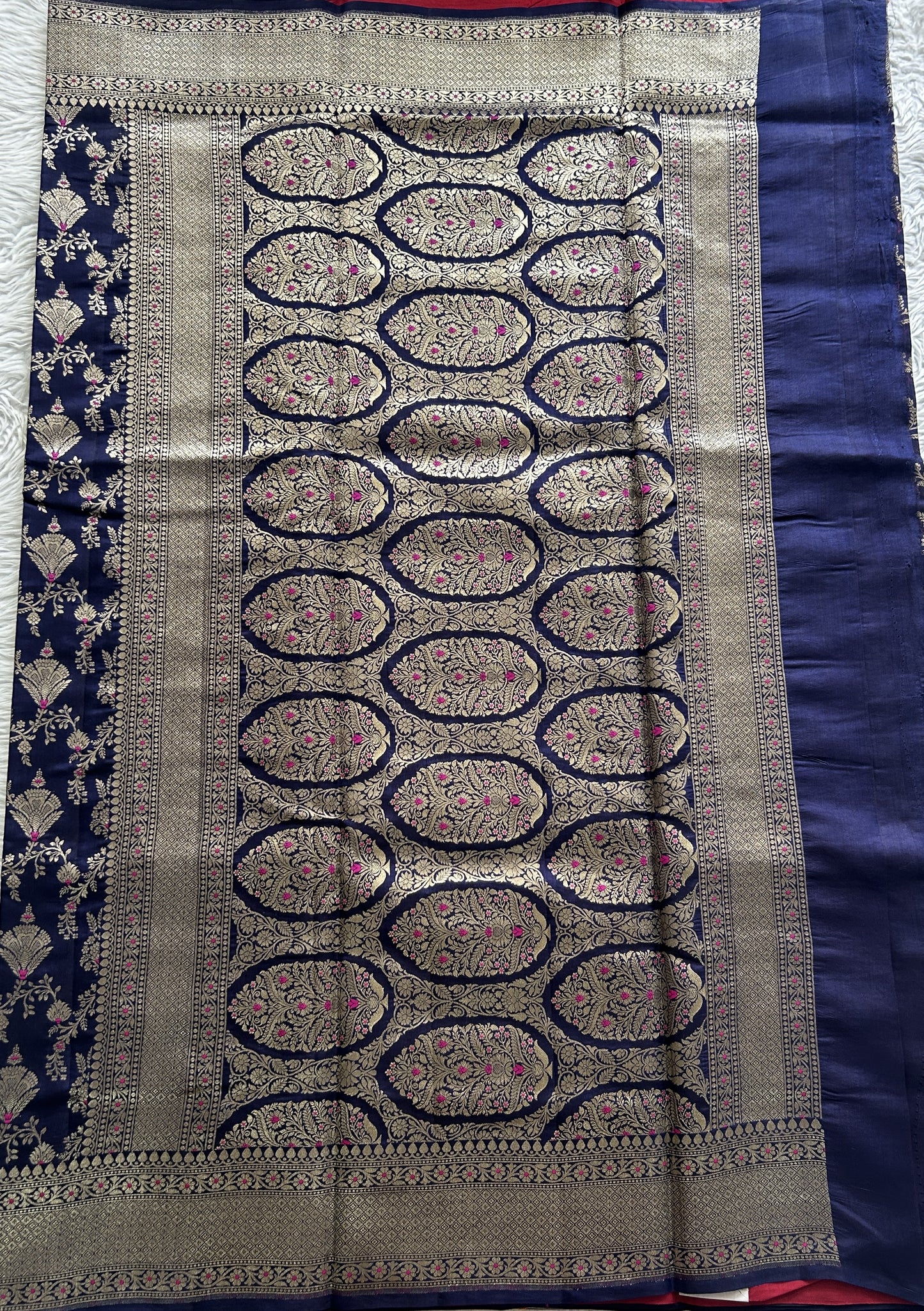 Dupion Silk Saree Ink Blue Colored Complemented with a Zari Border. - Sampradaya Designer Studio