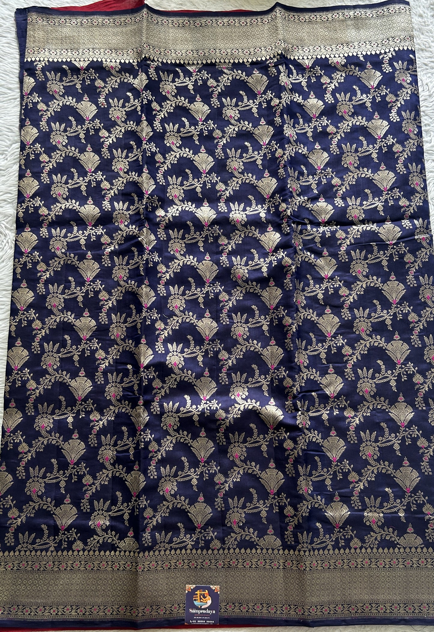 Dupion Silk Saree Ink Blue Colored Complemented with a Zari Border. - Sampradaya Designer Studio