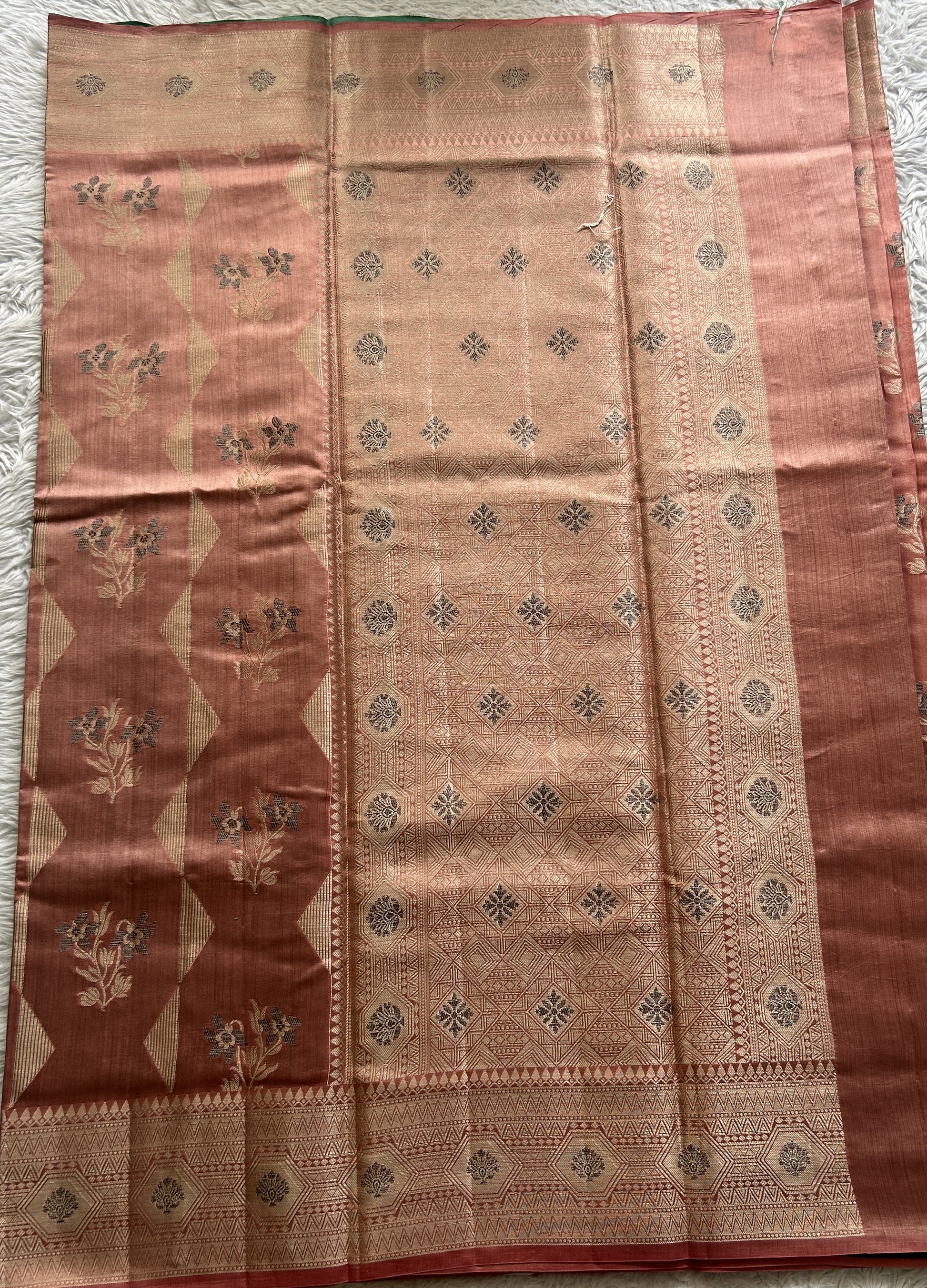 Dupion Silk Saree Peach Colored Complemented with a Zari Border. - Sampradaya Designer Studio