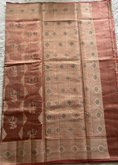 Dupion Silk Saree Peach Colored Complemented with a Zari Border. - Sampradaya Designer Studio