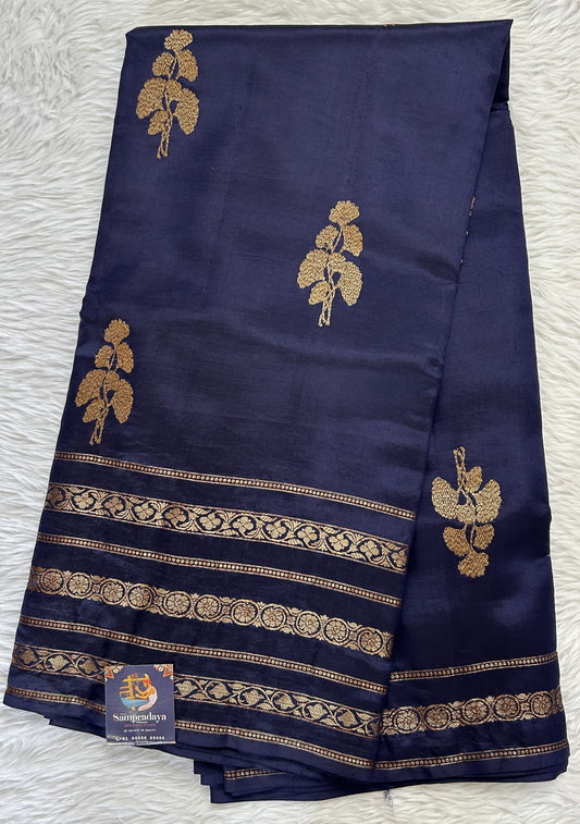Raw Mango or Pooniya Silk Saree Ink Blue Colored Complemented With a Gap Border - Sampradaya Designer Studio