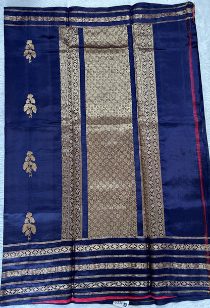 Raw Mango or Pooniya Silk Saree Ink Blue Colored Complemented With a Gap Border - Sampradaya Designer Studio