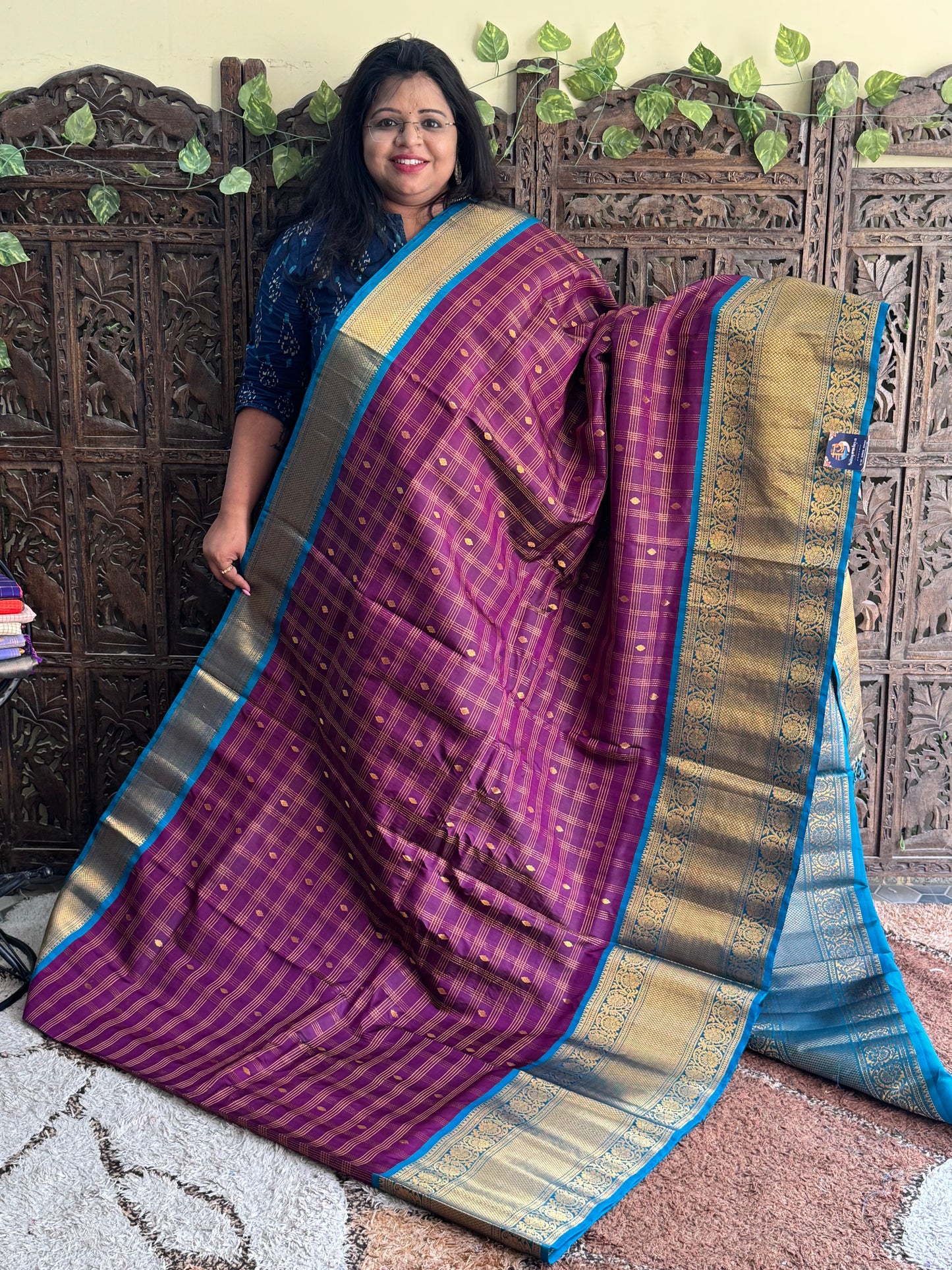 Violet Gadwal Silk Saree with Gold Zari Border — Pure Handloom | Silk Mark Certified