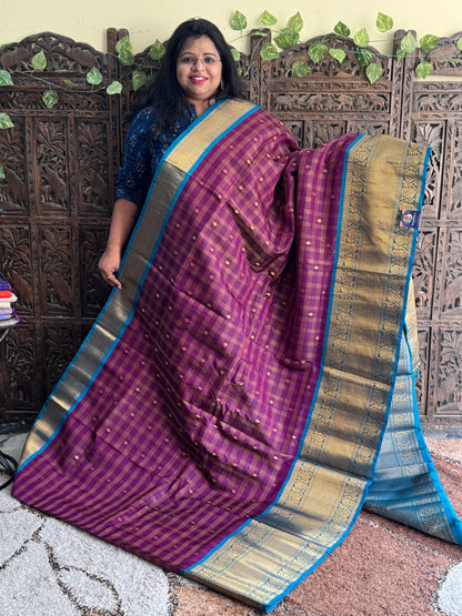 Violet Gadwal Silk Saree with Gold Zari Border — Pure Handloom | Silk Mark Certified