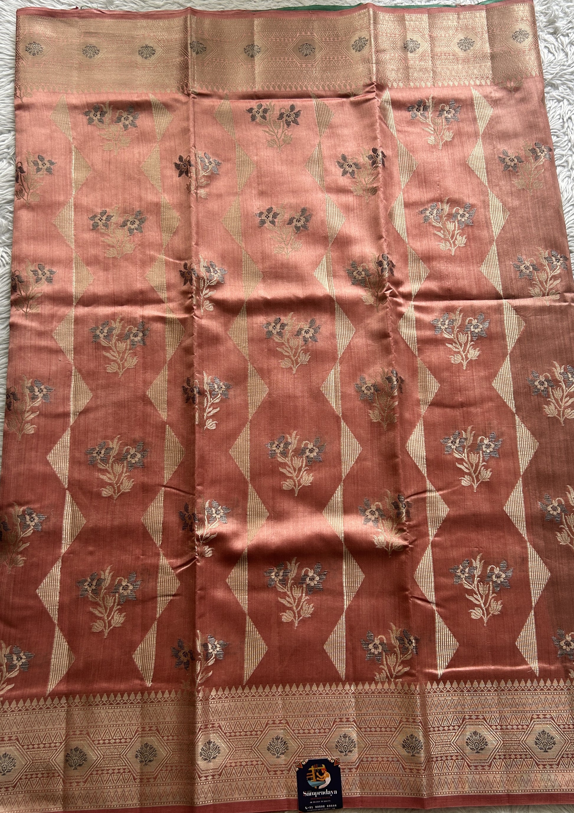 Dupion Silk Saree Peach Colored Complemented with a Zari Border. - Sampradaya Designer Studio