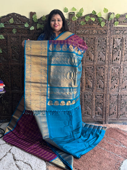 Violet Gadwal Silk Saree with Gold Zari Border — Pure Handloom | Silk Mark Certified