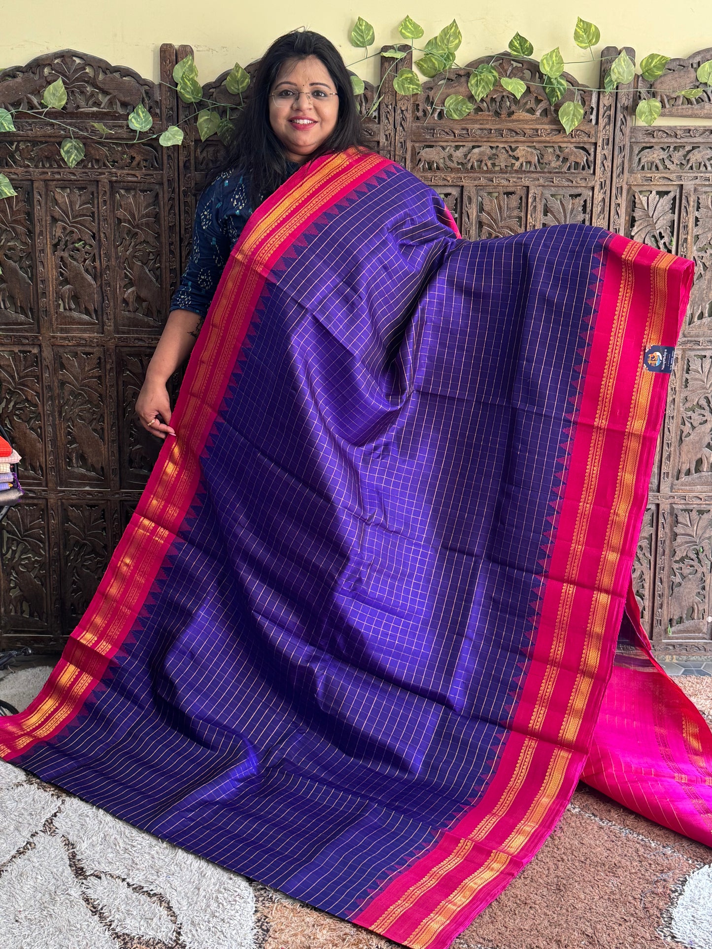 Navy Blue Gadwal Silk Saree with Gold Zari Border — Pure Handloom | Silk Mark Certified