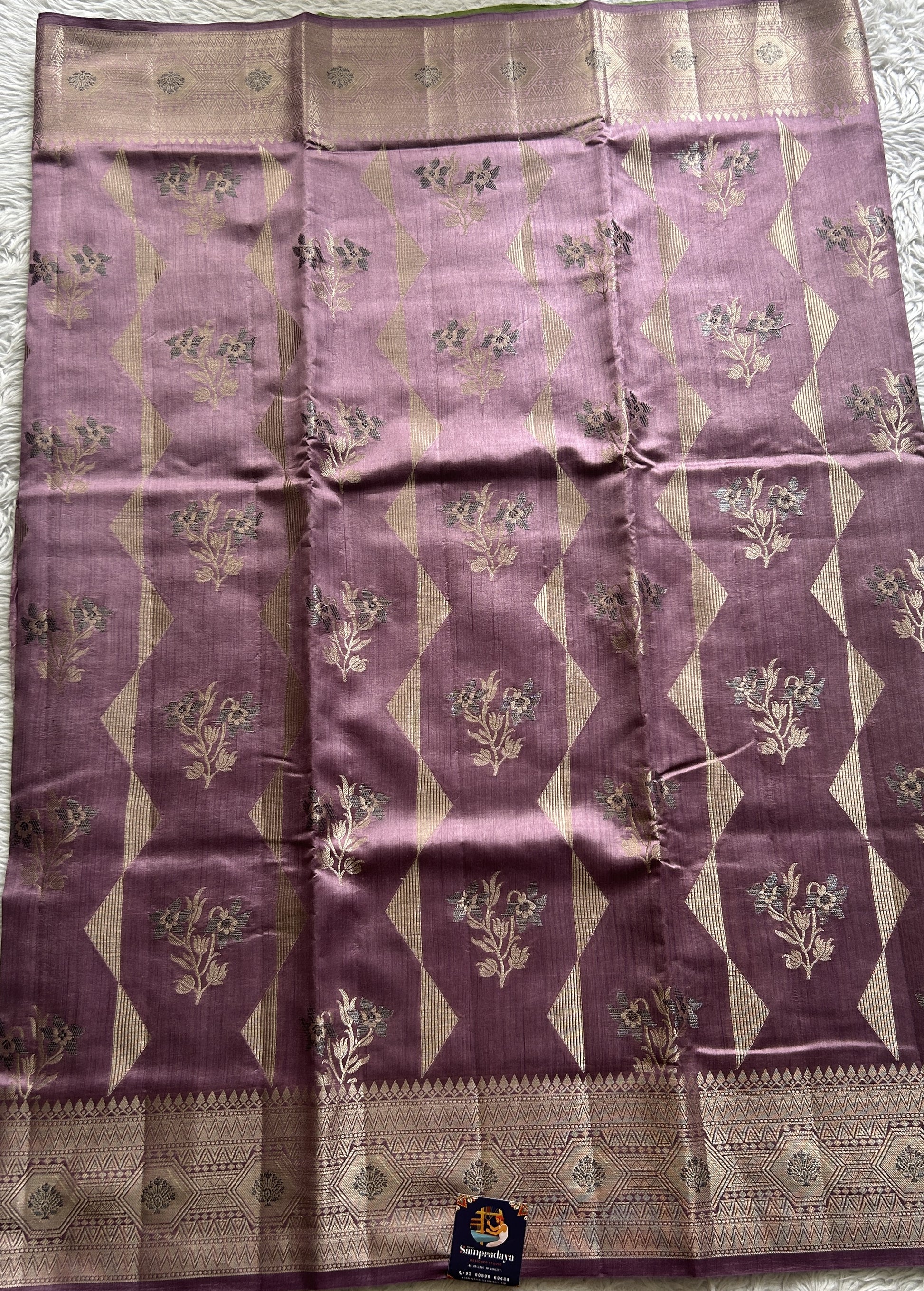 Dupion Silk Saree Lavender Colored Complemented with a Zari Border. - Sampradaya Designer Studio