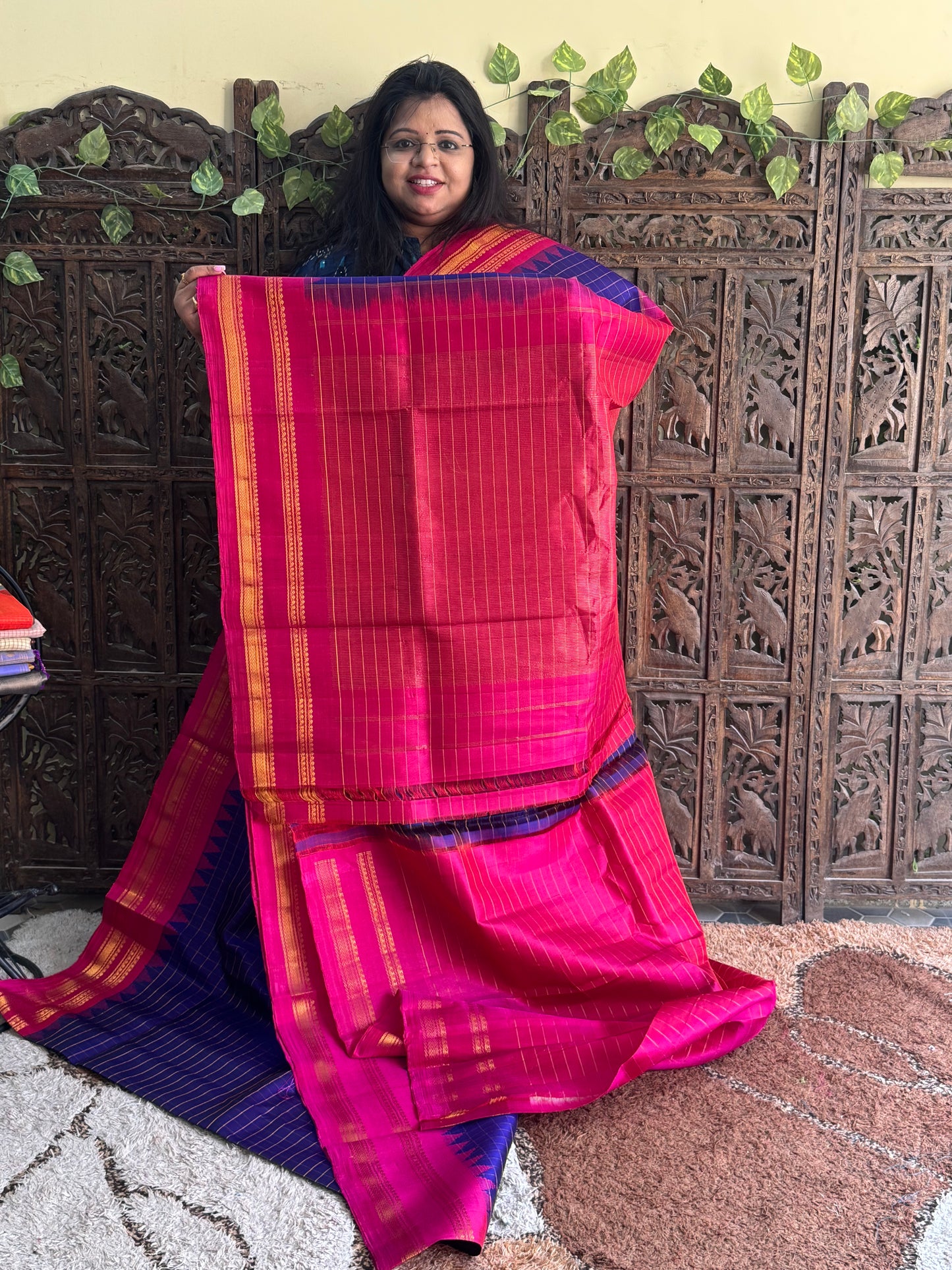 Navy Blue Gadwal Silk Saree with Gold Zari Border — Pure Handloom | Silk Mark Certified