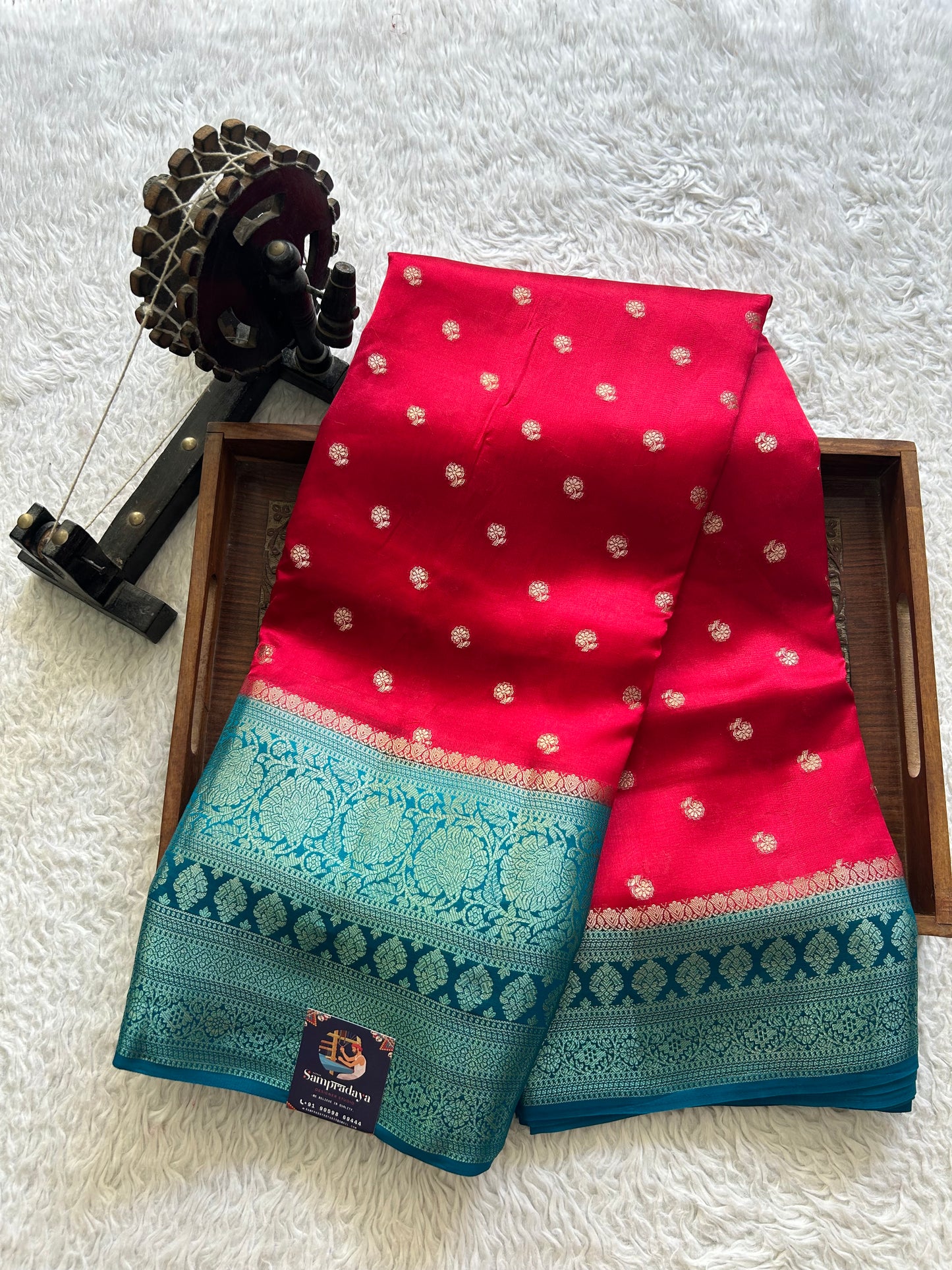 Reddish Pink Chiniya Silk Saree with Gold Zari Border - Pure Handloom | Silk Mark Certified - Sampradaya Designer Studio