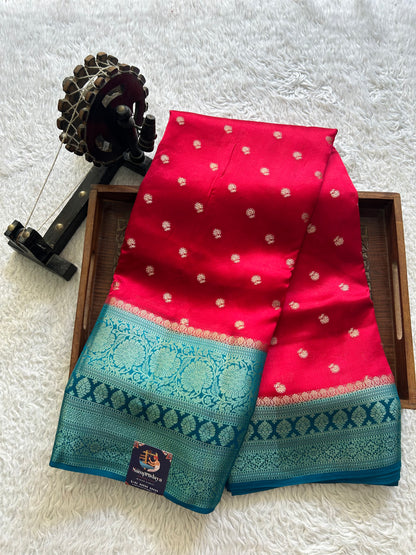 Reddish Pink Chiniya Silk Saree with Gold Zari Border - Pure Handloom | Silk Mark Certified - Sampradaya Designer Studio