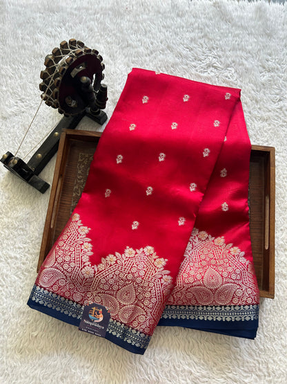 Reddish Pink Chiniya Silk Saree with Gold Zari Border - Pure Handloom | Silk Mark Certified - Sampradaya Designer Studio