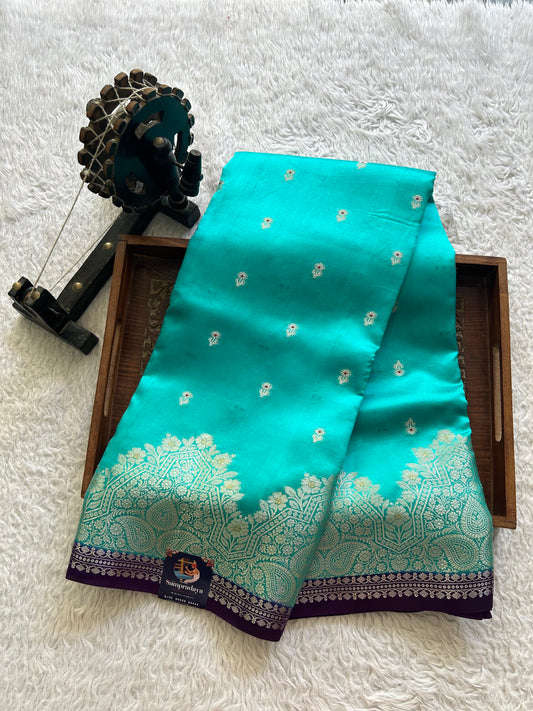 Blue Chiniya Silk Saree with Gold Zari Border - Pure Handloom | Silk Mark Certified