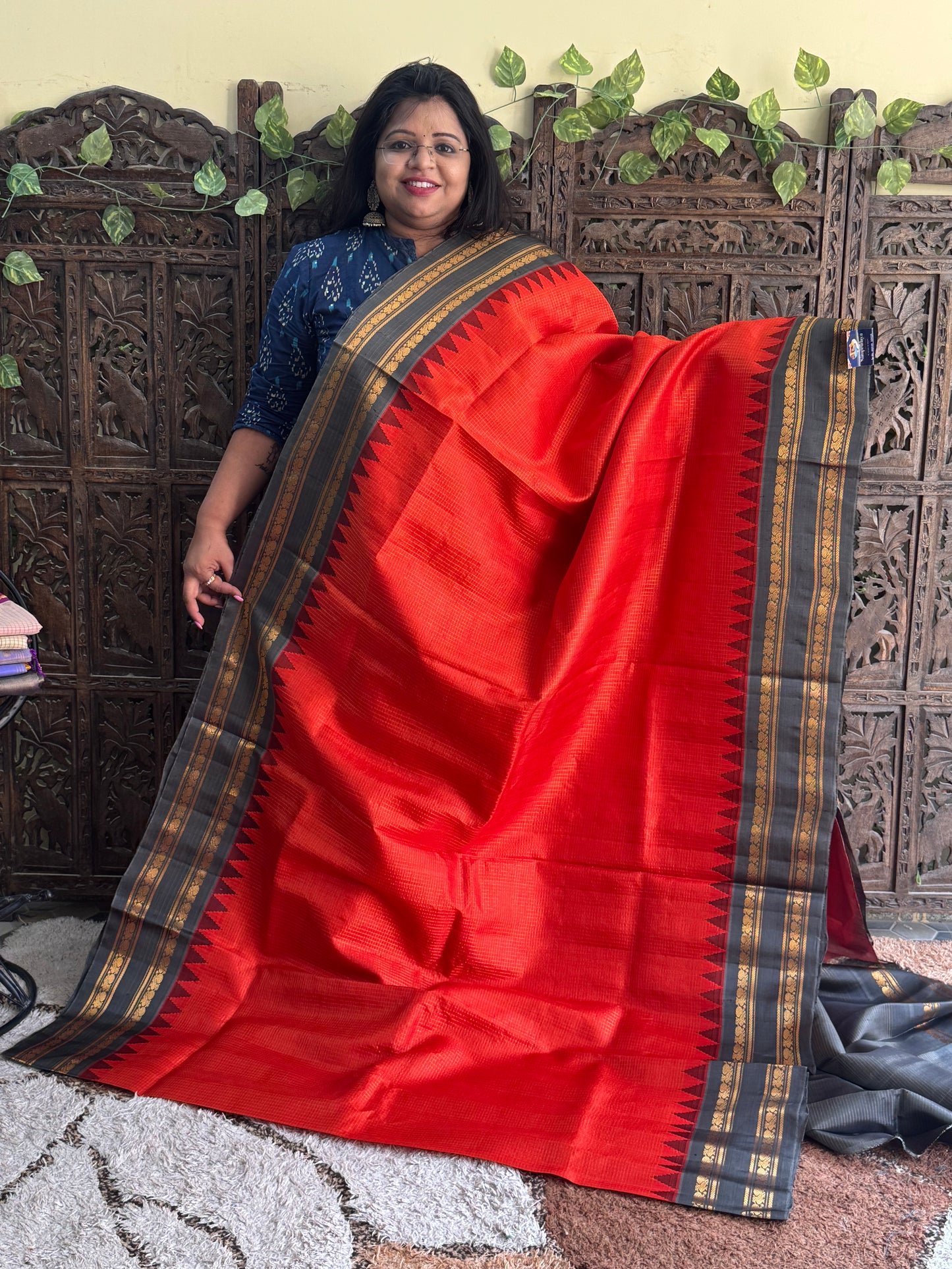 Orange Gadwal Silk Saree with Gold Zari Border — Pure Handloom | Silk Mark Certified