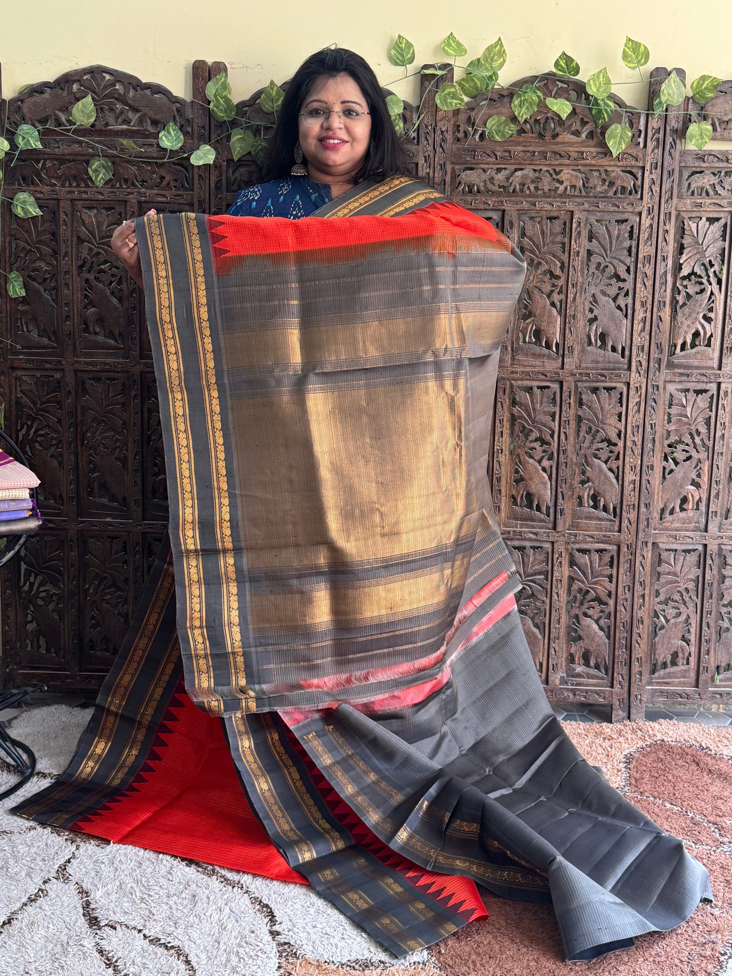 Orange Gadwal Silk Saree with Gold Zari Border — Pure Handloom | Silk Mark Certified