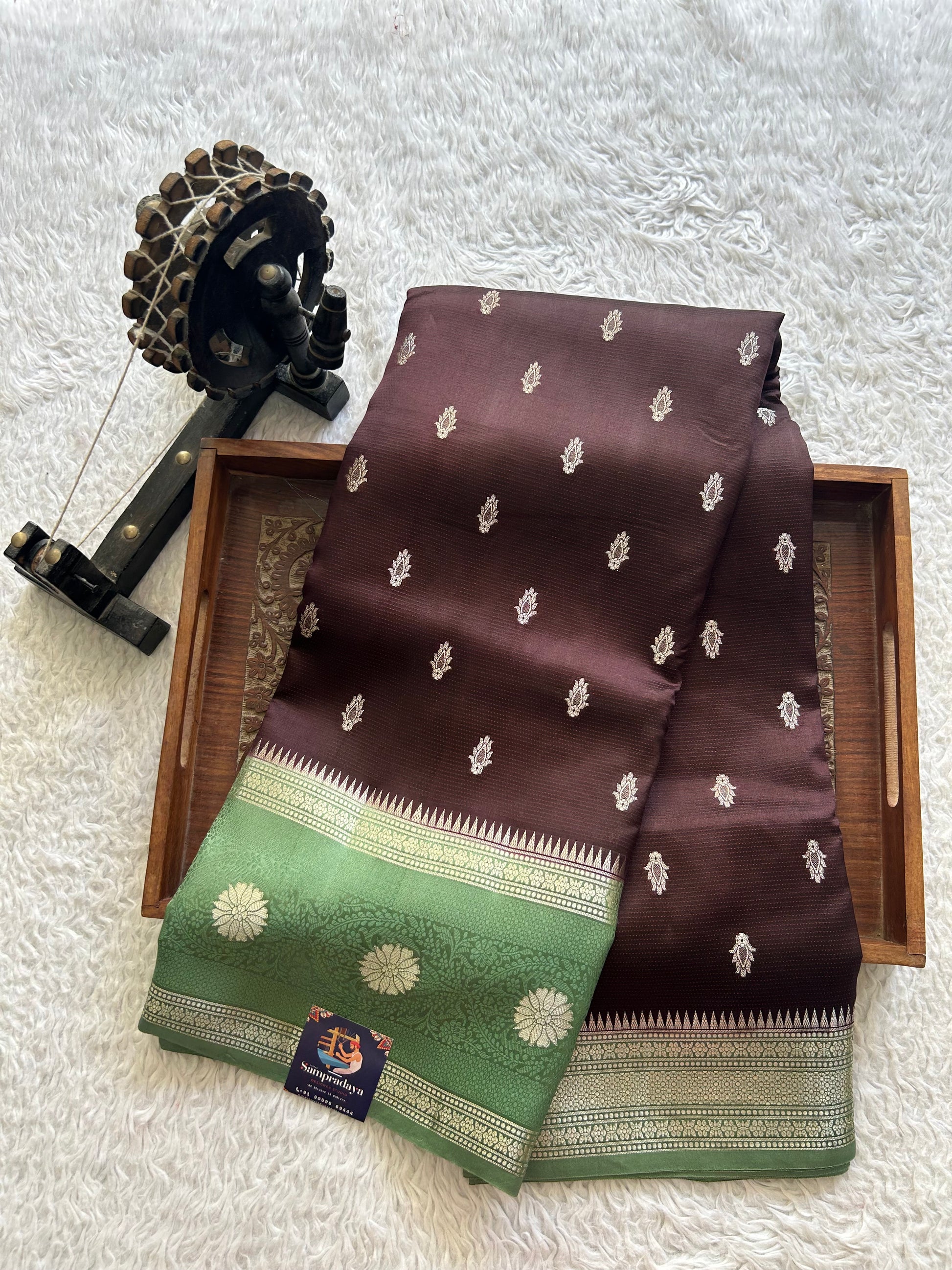 Brown Chiniya Silk Saree with Gold Zari Border - Pure Handloom | Silk Mark Certified - Sampradaya Designer Studio