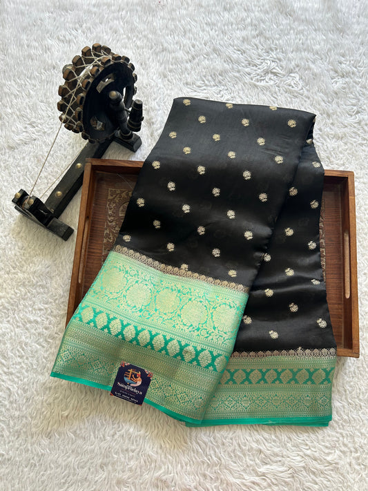 Black Chiniya Silk Saree with Gold Zari Border - Pure Handloom | Silk Mark Certified