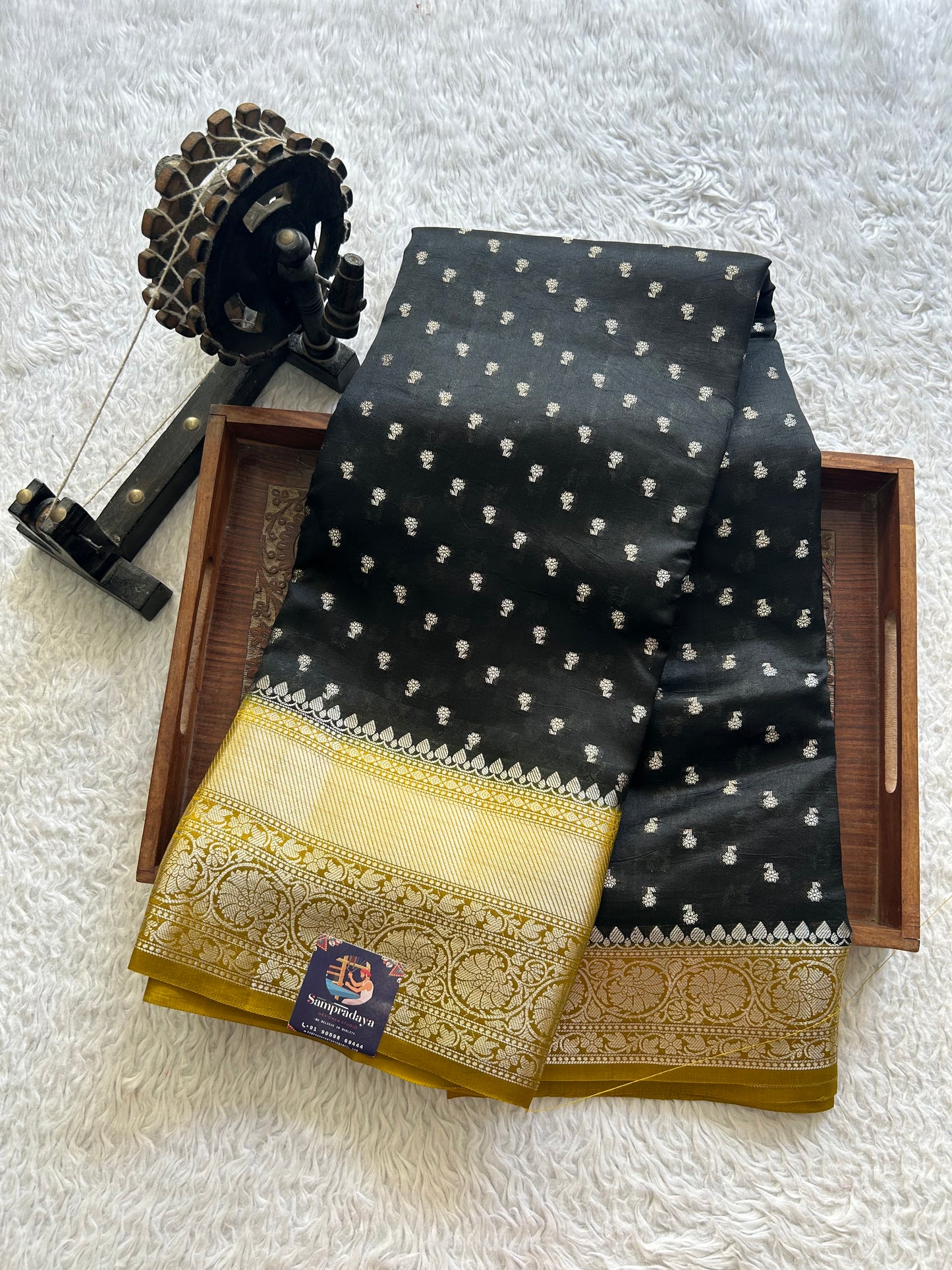 Black Chiniya Silk Saree with Gold Zari Border - Pure Handloom | Silk Mark Certified - Sampradaya Designer Studio