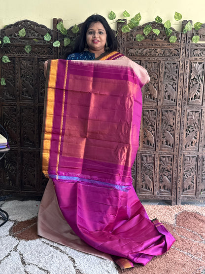 Coral Blossom Gadwal Silk Saree with Gold Zari Border — Pure Handloom | Silk Mark Certified