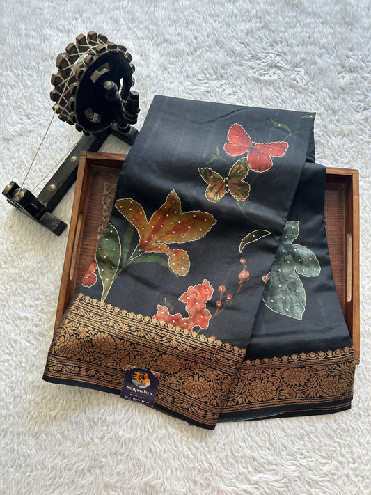 Black Chiniya Silk Saree with Gold Zari Border - Pure Handloom | Silk Mark Certified