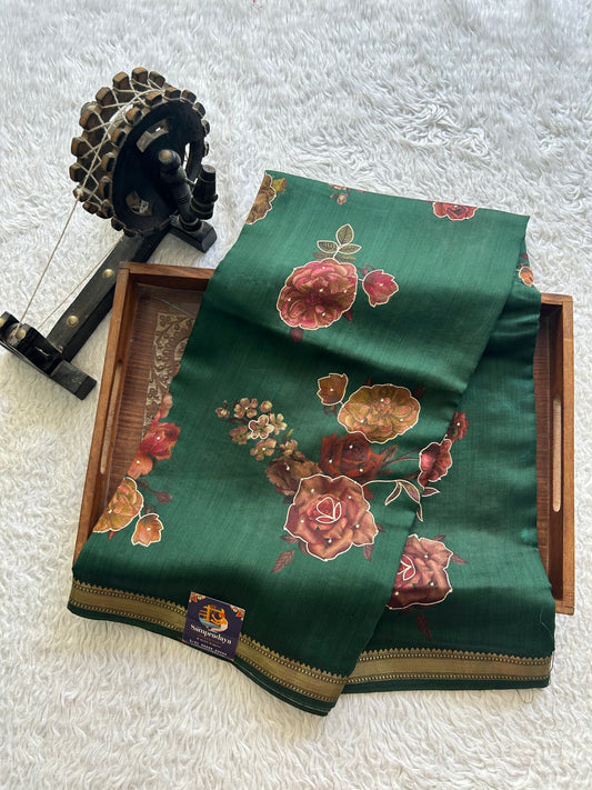 Green Chiniya Silk Saree with Gold Zari Border - Pure Handloom | Silk Mark Certified