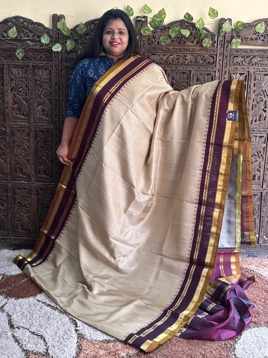 Beige Gadwal Silk Saree with Gold Zari Border — Pure Handloom | Silk Mark Certified