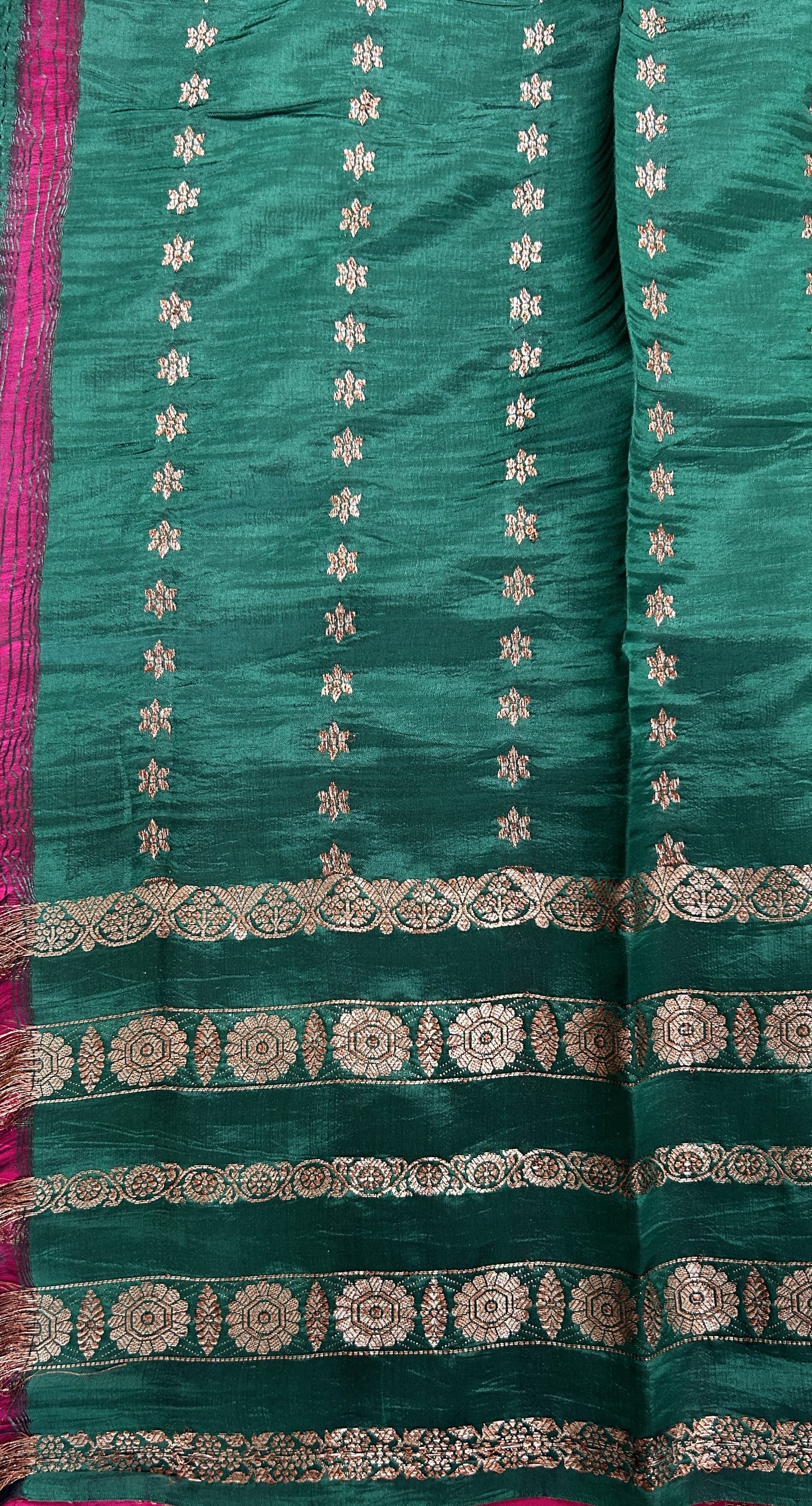 Raw Mango or Pooniya Silk Saree Pink Colored Complemented With a Gap Border - Sampradaya Designer Studio