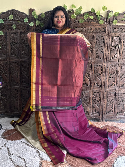 Beige Gadwal Silk Saree with Gold Zari Border — Pure Handloom | Silk Mark Certified