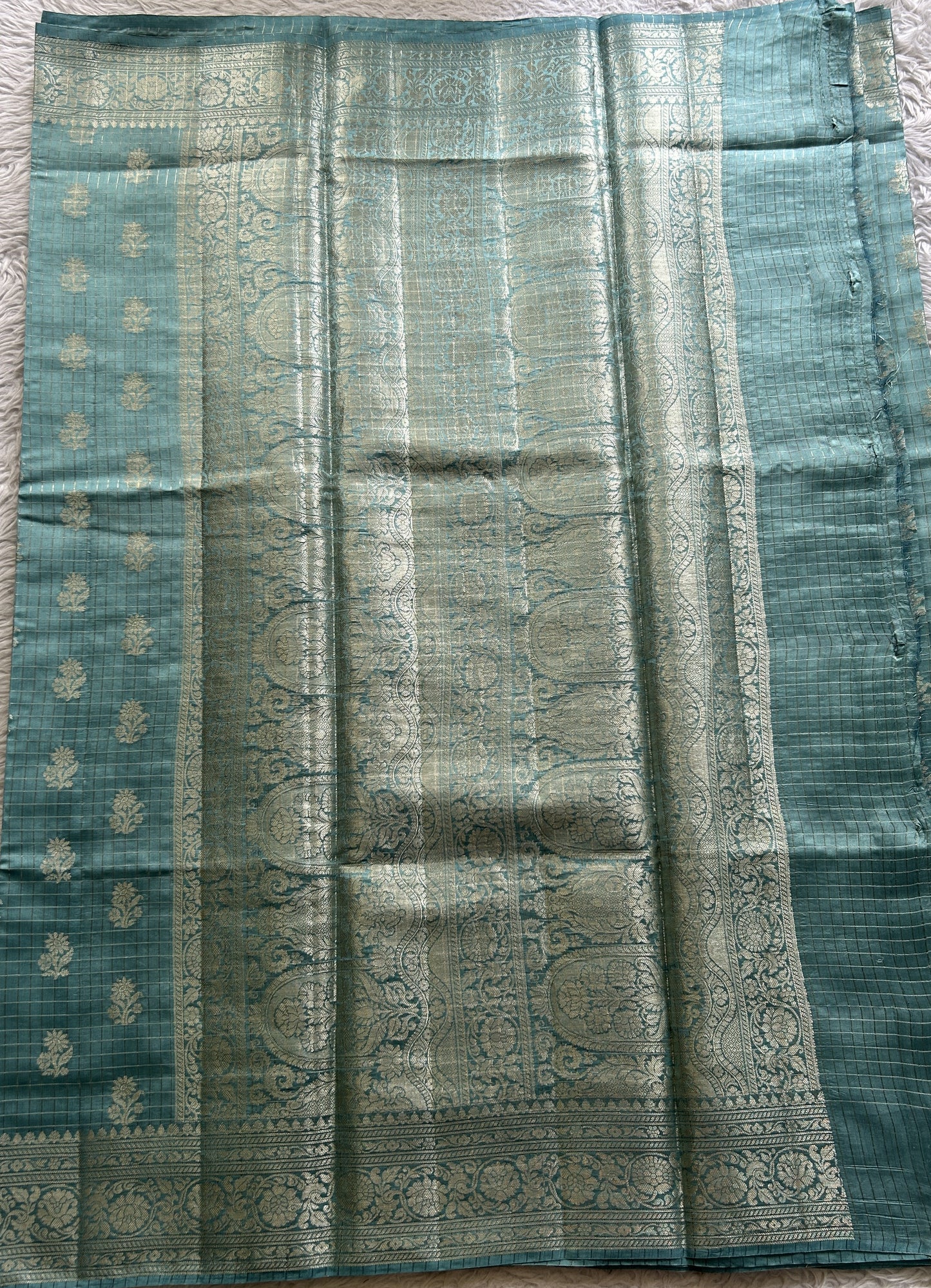 Dupion Silk Saree Sea Blue Colored Complemented with a Zari Border. - Sampradaya Designer Studio