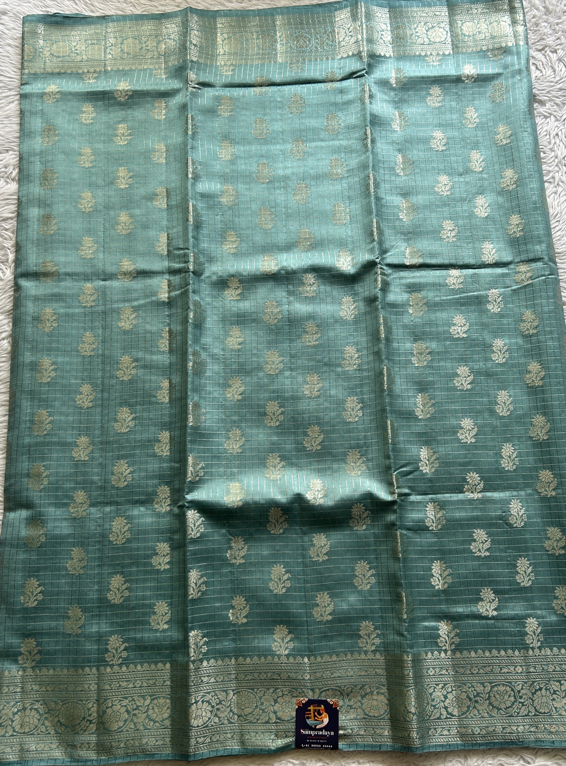 Dupion Silk Saree Sea Blue Colored Complemented with a Zari Border. - Sampradaya Designer Studio