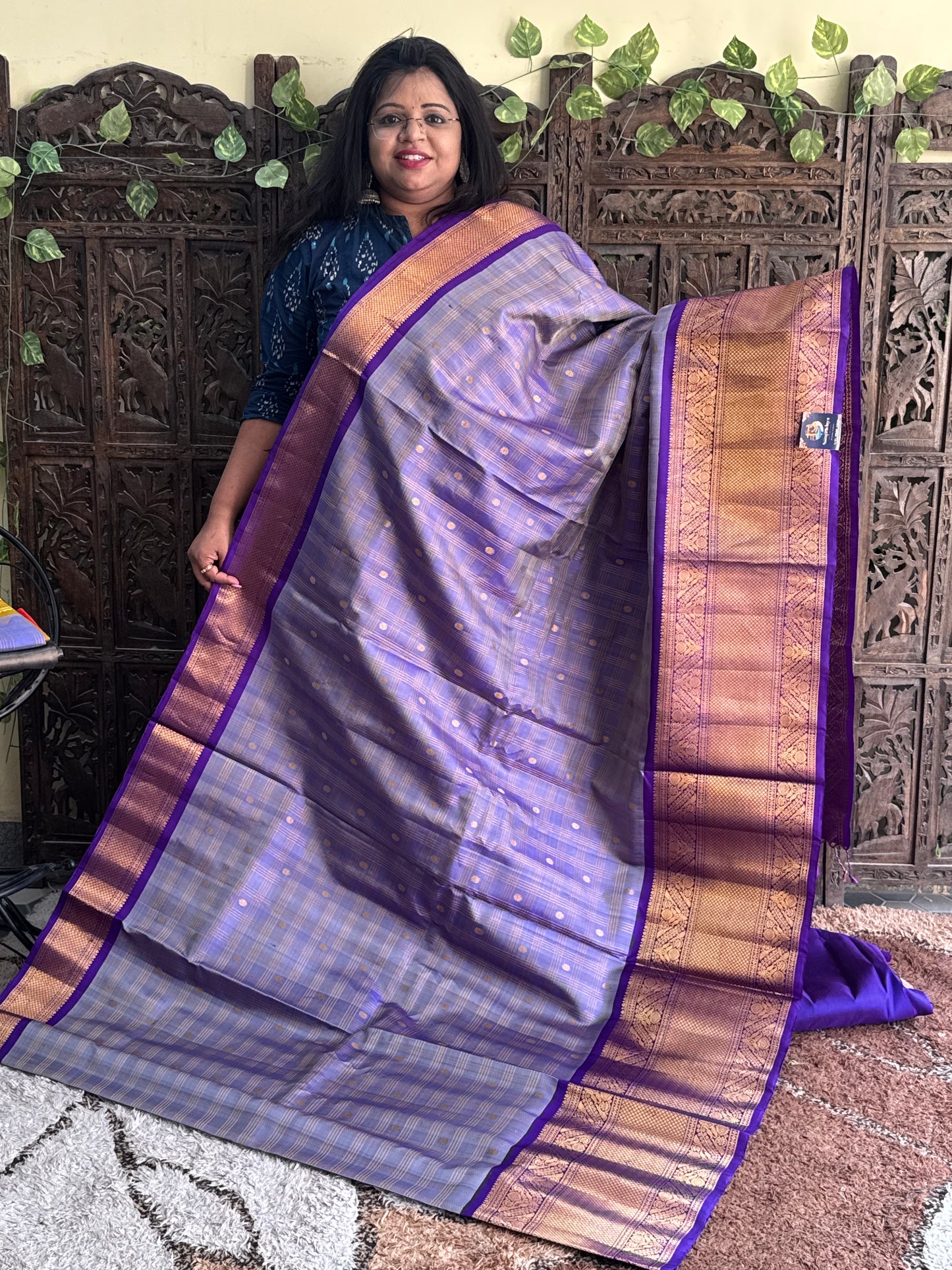 Purple Gadwal Silk Saree with Gold Zari Border — Pure Handloom | Silk Mark Certified