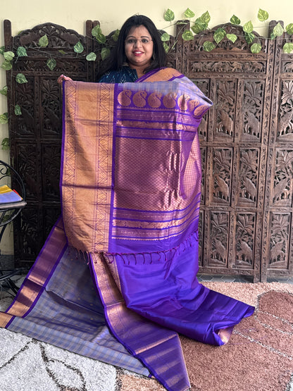 Purple Gadwal Silk Saree with Gold Zari Border — Pure Handloom | Silk Mark Certified