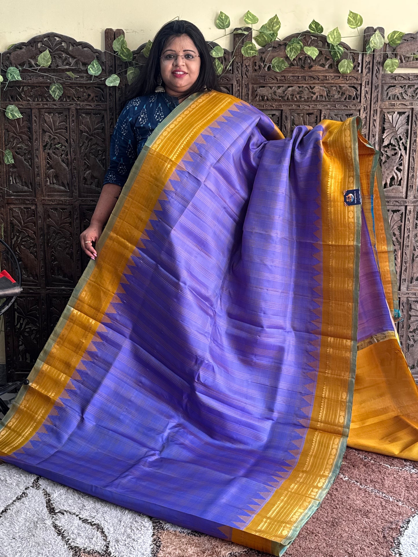 Purple Gadwal Silk Saree with Gold Zari Border — Pure Handloom | Silk Mark Certified